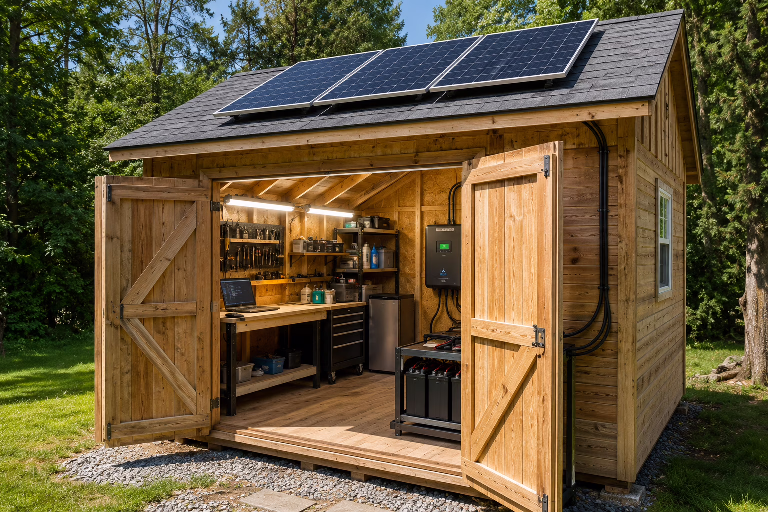 Solar panels on shed roof lifestyle shot
